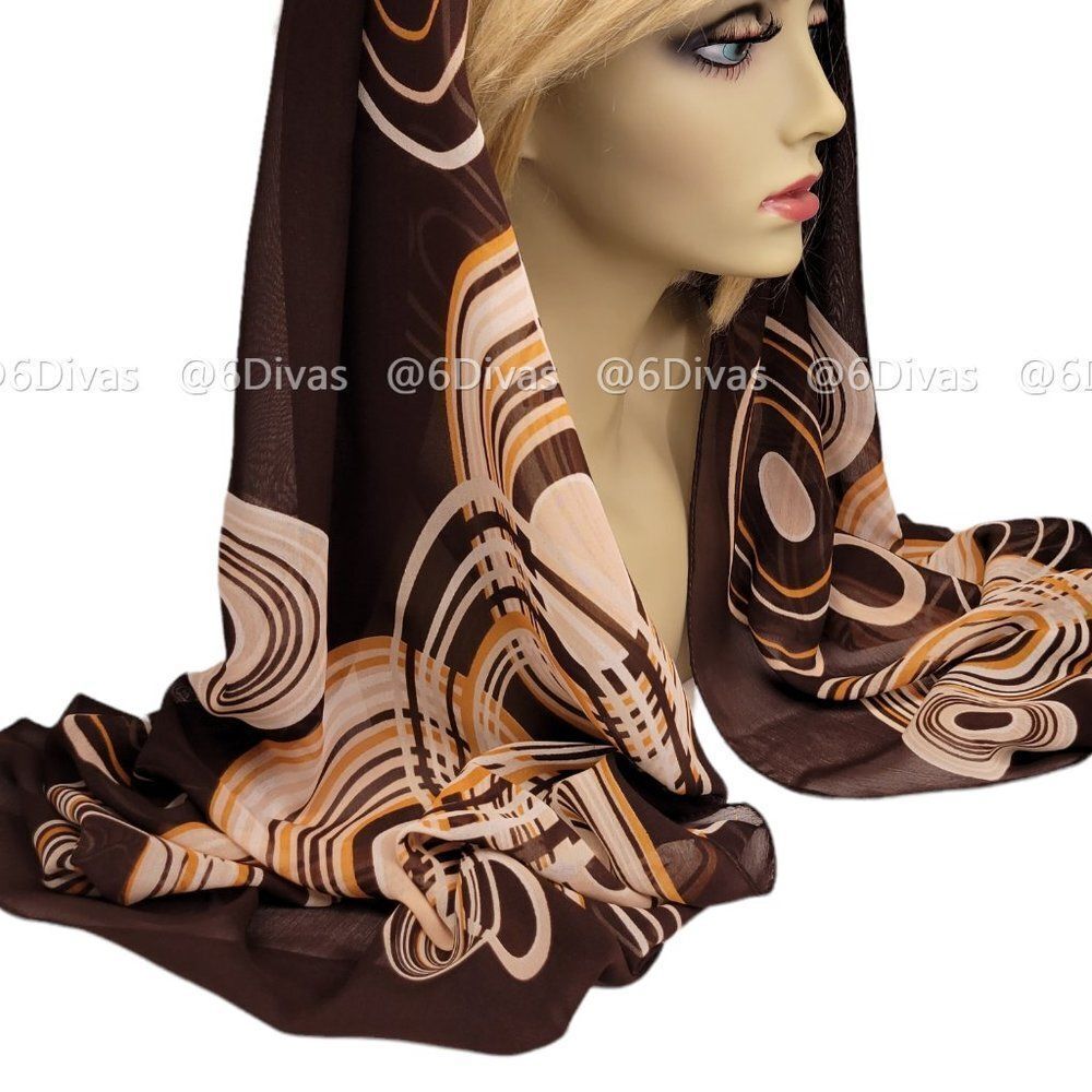 Dark Brown Concentric Circle Print Rectangular Scarf - NWOT
